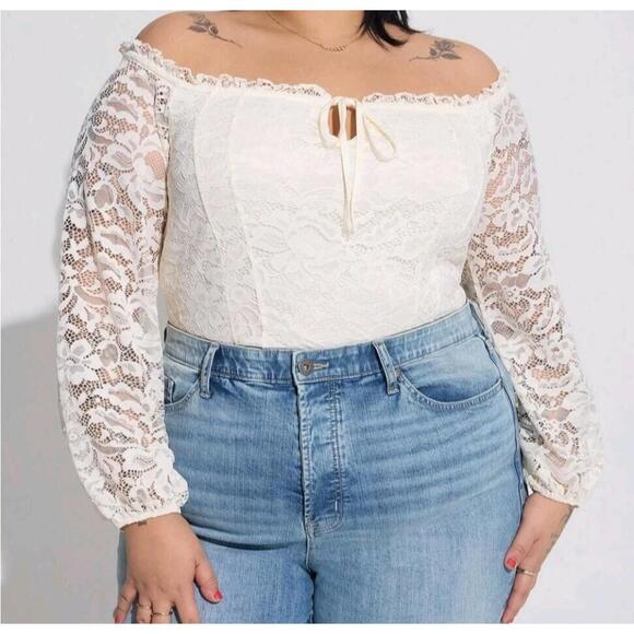 torrid Tops - Torrid Stretch Lace Off Shoulder Corset Seamed Top Ivory Fairycore Milkmaid 1X